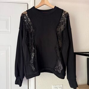 HEIDI MERRICK black knit terry lace contrast crew sheer boxy cropped sweater